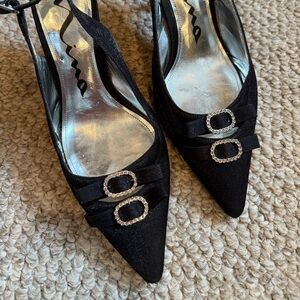 Elegant Nina Black Satin Women's Shoes with Silver Buckle Detail